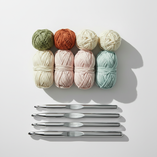 Kit para crochet con agujas de metal y ovillos de hilo natural - Balam